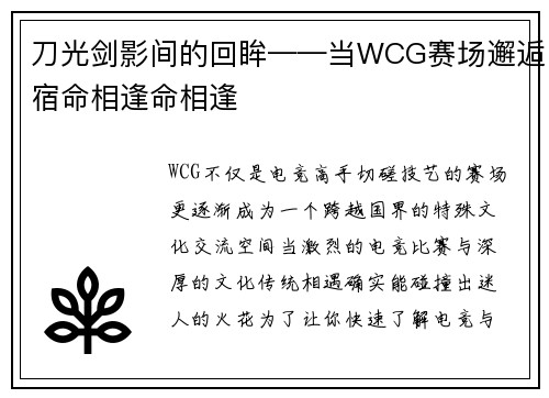 刀光剑影间的回眸——当WCG赛场邂逅宿命相逢命相逢